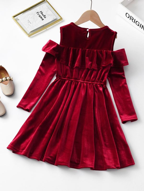 Girls Cold Shoulder Ruffle Trim Bow Velvet Dress SHE