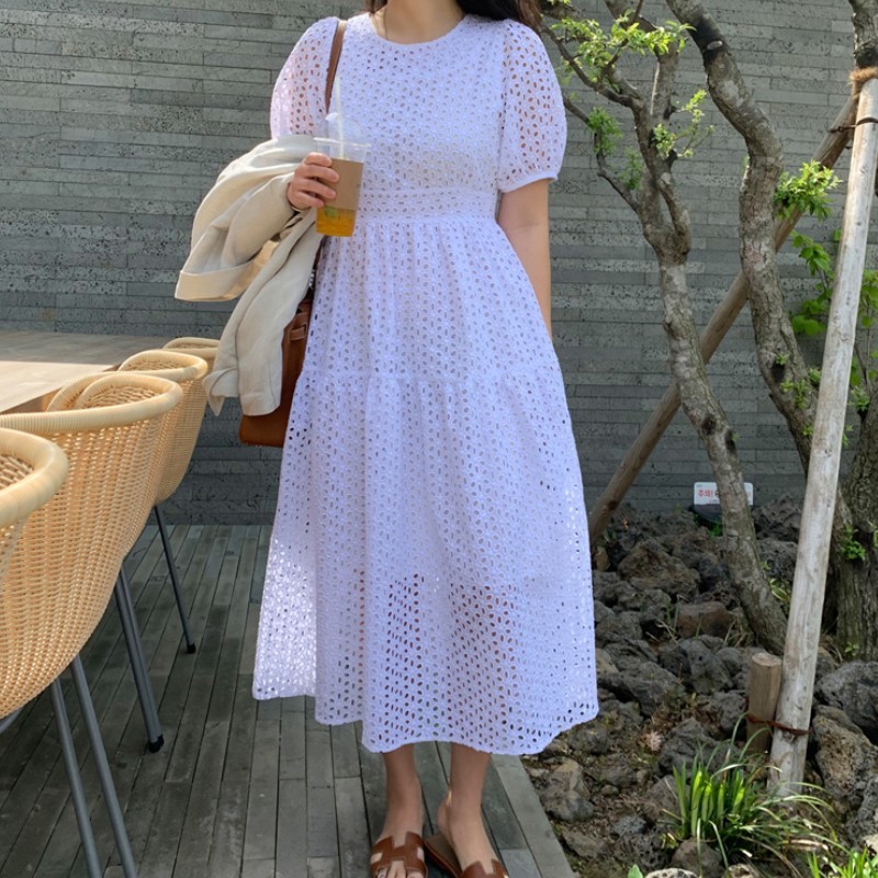 Women Summer Dress Fashion Elegant Short Sleeve White Hollow out O-Neck Casual Beach Midi Dresses Robe Vestidos 210519