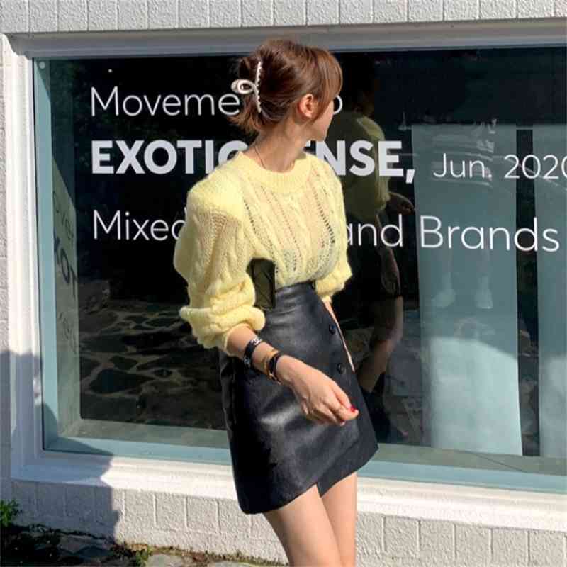 Nomikuma Autumn Winter New PU Skirt Korean Irregular Buttons Leather Women Skirts Causal High Waist Faldas Mujer Moda 6D149 210427