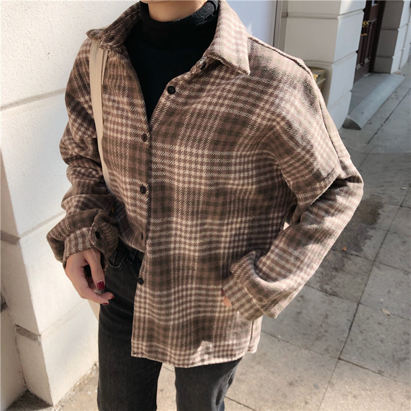 Shirt Women Jacket Loose Vintage Ladies Plaid Checked Button Up Collared Tops Spring Autumn Korean Chic Fashion New Blouses 210415