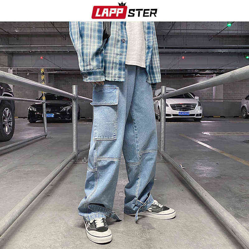 LAPPSTER Men Patchwork Harajuku Y2k Baggy Jeans Japanese Streetwear Hip Hop Wide Leg Denim Trousers Plus Size Harem Pants 211120