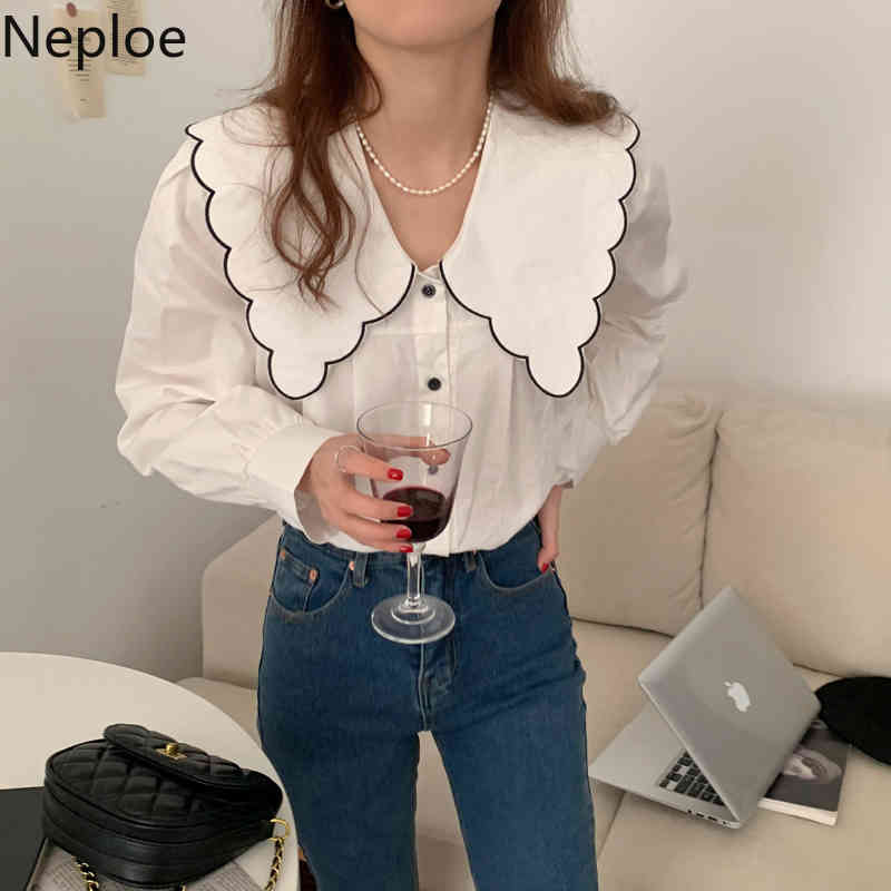 Neploe Women Shirt Peter Pan Collar Long-sleeve Blouse Spring Korean Blusas Loose Elegant Single Breasted White Basic Tops 210422