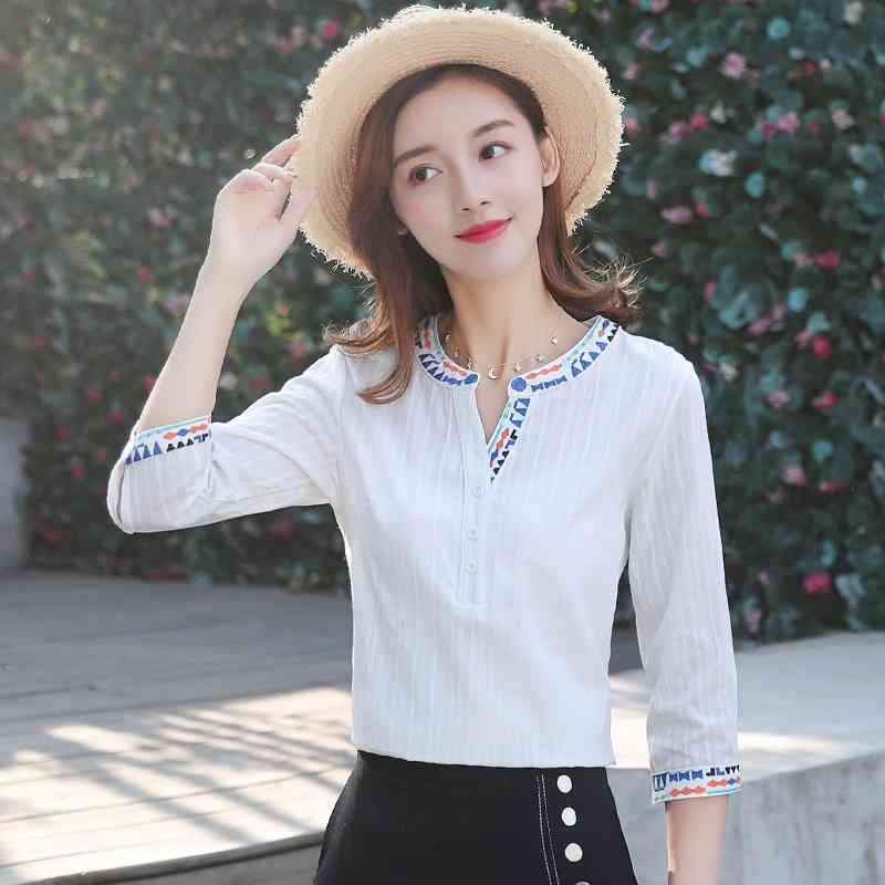 fashion v-neck white office lady shirt women blouse embroidered summer tops plus size clothing blusas D849 30 210506