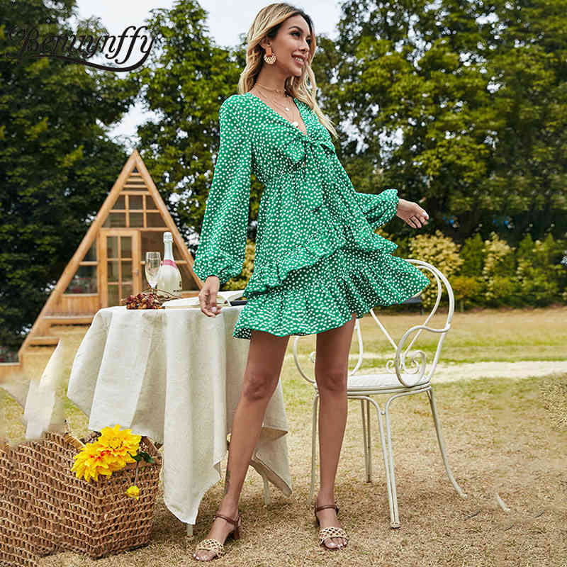 Deep V Neck Bow Layered Ruffle Dresses Women Spring Summer Print Long Sleeve Holiday Casual High Waist Mini Dress 210510
