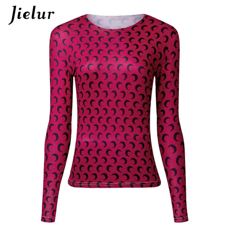 Jielur Moon Printed Long Sleeve Women T-shirts Slim Plus Size Basic Fashion 5 Colors Tshirt Female S-4XL Casual Tee Shirt Femme 210406