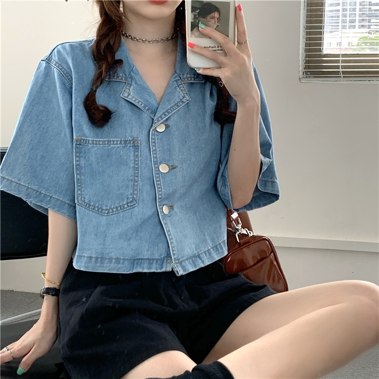 Casual Loose Korean Clothing Thin Short Denim Shirt Camisas Mujer Blusas Femininas Elegante Women Blouse ladies tops 324i 210420