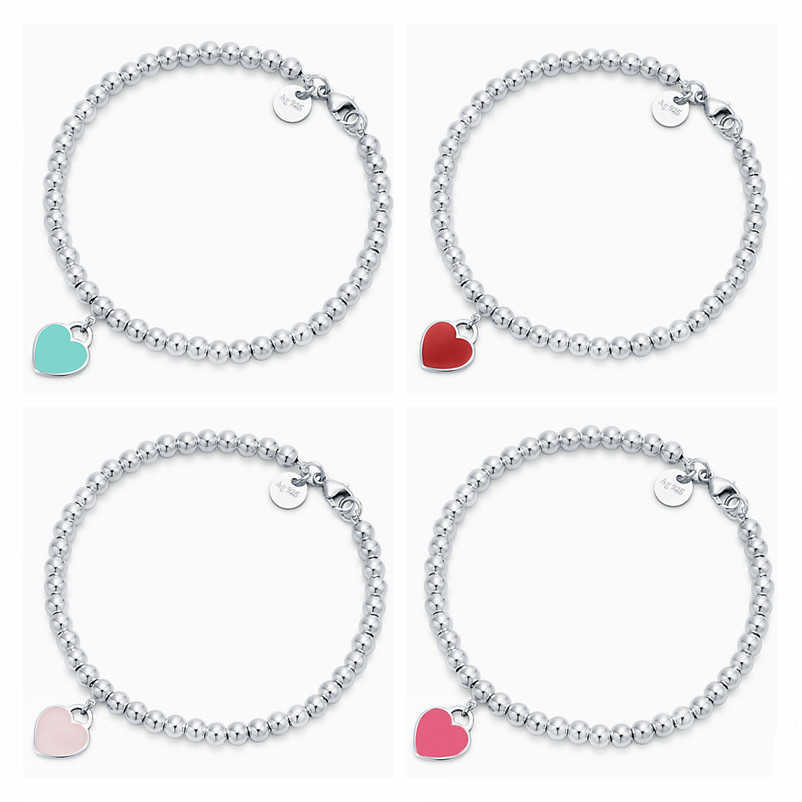 Link Chain 925Silver Women Jewelry 4mm Round Beads Love Pendant Bracelet Exquisite Lover Jewelry Gift