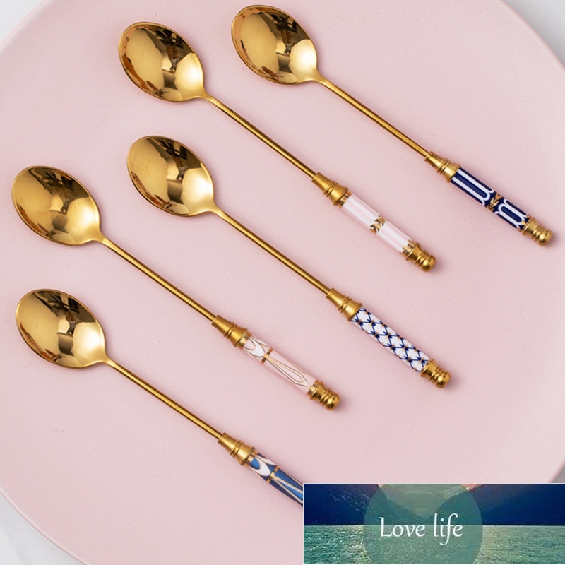 1pc Gold-plated Ceramic Long Handle Spoon Stainless Steel Dessert Coffee Milk Stirring Spoon Teaspoon Kitchen Tableware Utensils