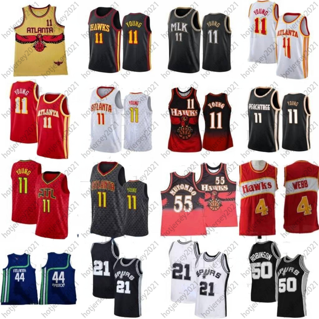 11 Trae Young Basketball Jerseys Mens 55 Dikembe Mutombo 44 Pete Maravich 50 David Robinson Retro Shirt Top Quality Size S-2XL
