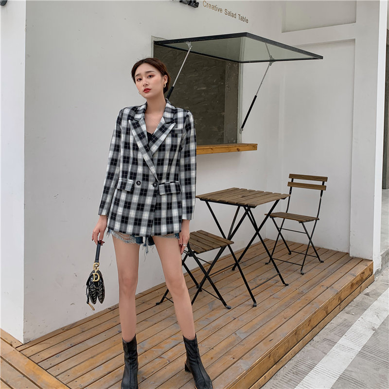 High Street Loose Geometric Elegance Korea OL Plus Plaid Women Gentle Chic Slender Lady Feminine All Match Blazers 210421