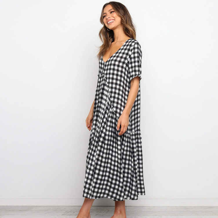 Women Dress Short Sleeve Deep V Neck Plaid Bohemian Dresses Loose Casual Large Hem Plus Size Long Summer 210513