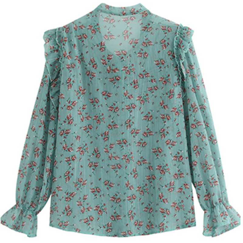 Autumn Printed Vintage Chiffon Women Blouse Lace Up Buttons Bow Collar Long Flare Sleeve Loose Female Shirts Tops 210514