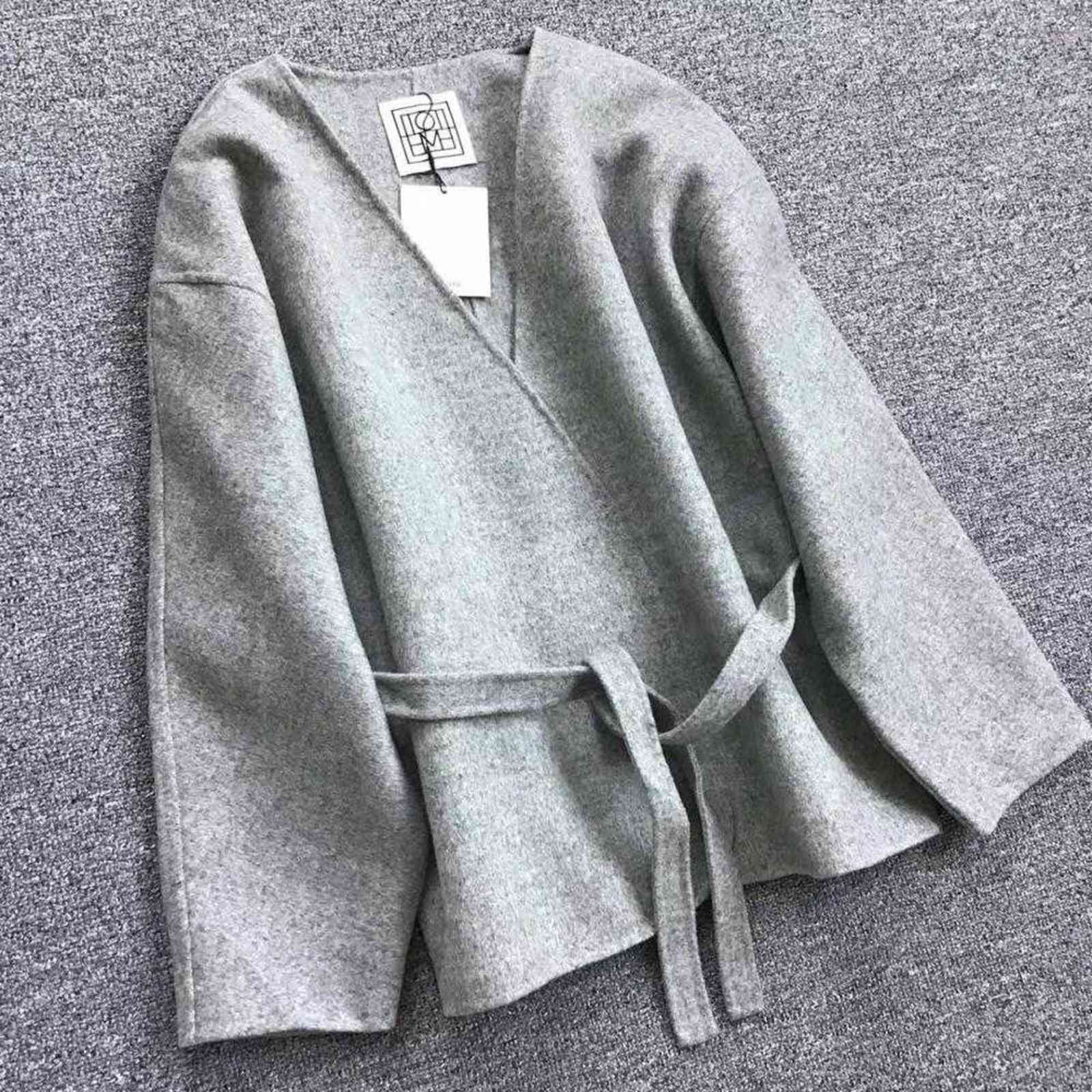 Totem* Wool coat short Cardigan Cassic ANNECY series V-neck Cardigan arc si-shaped Silhouette Belted Jacket Tight Waist 211130