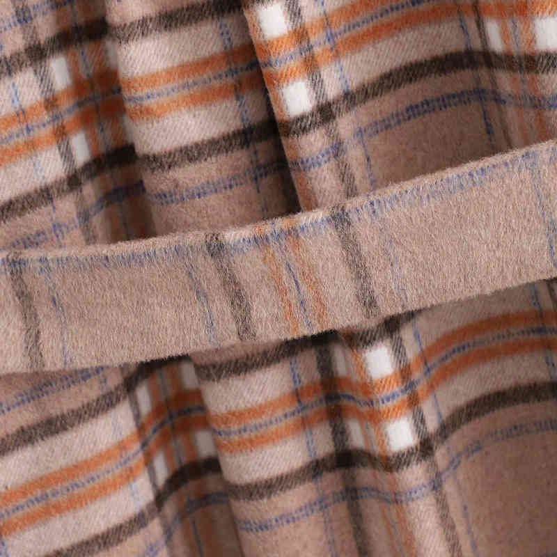 Vintage Woman Loose Camel Plaid Sashes Long Woolen Coats Autumn-Winter Fashion Ladies Soft Jacket Female Oversized Outwear 210515