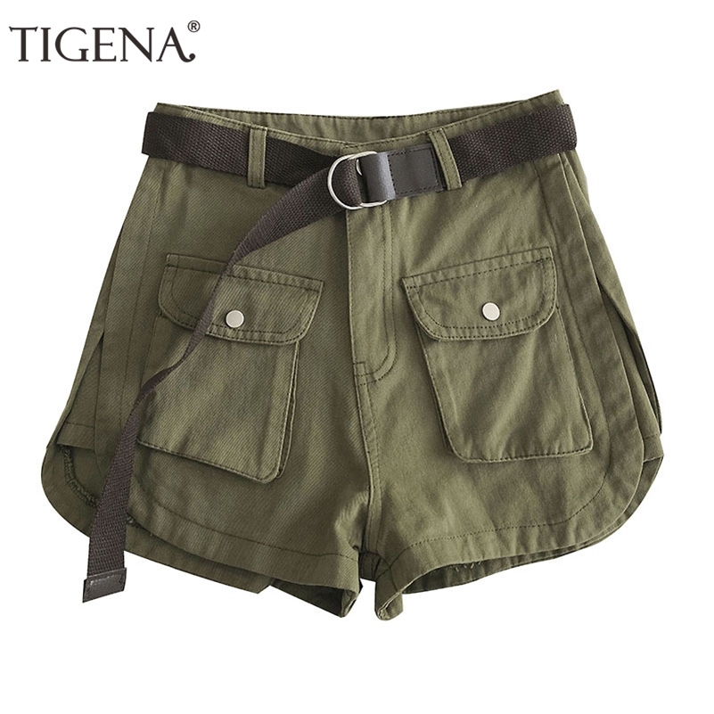 TIGENA Army Green Cotton Cargo Shorts for Women Summer Fashion Wide Leg Belt Pocket High Waist Shorts Female 210625