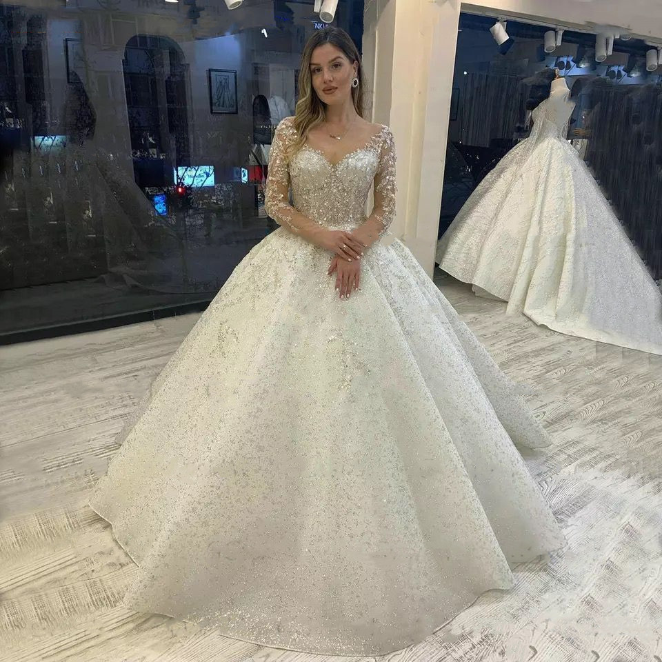 Glitter Sequins Long Sleeve Wedding Dress Crystals Beaded Luxury Ball Gown Wedding Gowns V-Neck Chapel Bridal Dresses Custom Made Robe De Mariee