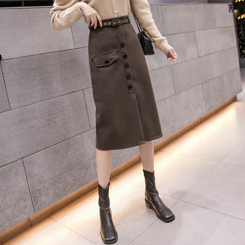 Autumn Korean Wool Vintage Midi Skirt A-Line Button s Womens Winter Black Casual Long Faldas Mujer 12133 210512