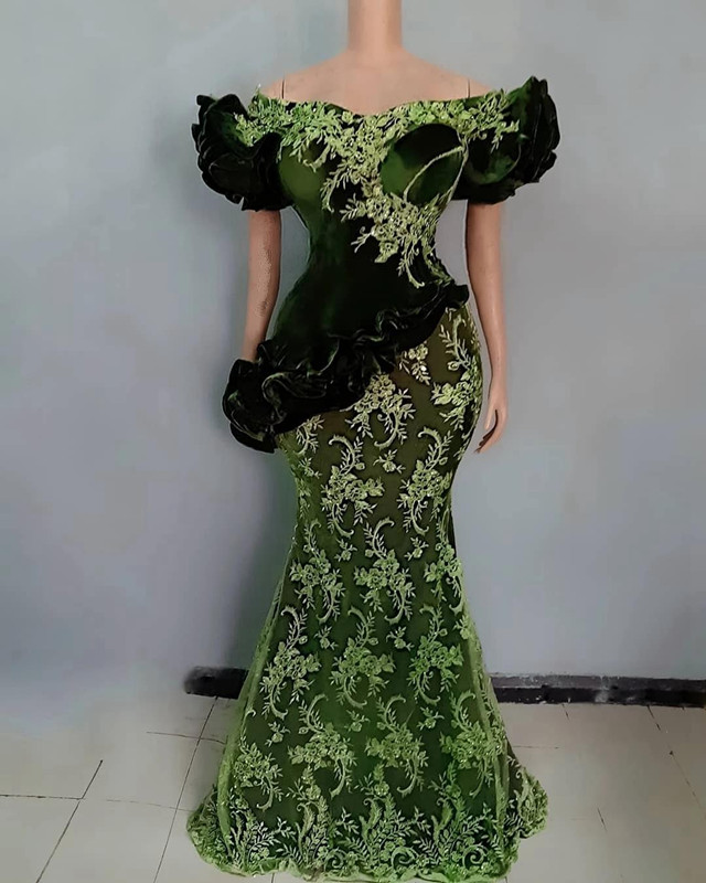 Classic Green Mermaid Evening Dresses Short Sleeves Puffy Velvet Appliqued Lace Women Plus Size Prom Dress Custom Made Robe de mariée