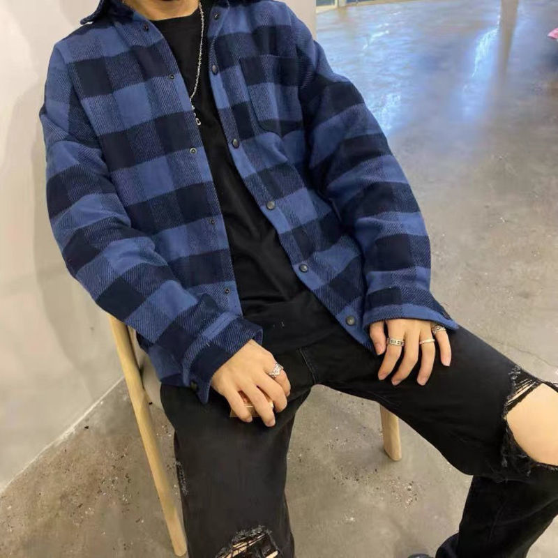 street palm High angel Plaid Shirt Men's couple's loose coat with big letters on the back, White;black
street palm High angel Plaid Shirt Men's couple's loose coat with big letters on the back, White;black