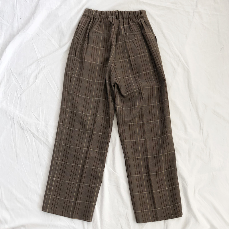 Casual Wide Leg Plaid Pants Women Elastic High Waist Full Length Checkered Loose Straight Trousers Modis 210519