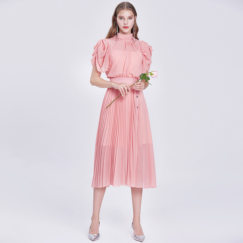 Vintage Elegant Bowknot Collar Pink Summer Chiffon Pleated Midi Long Dress Retro Office Lady Work with Button 210506