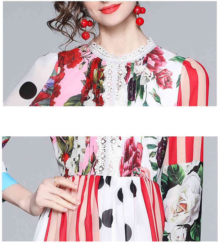 celebrity polka dot flower printed boho summer dress for women patchwork lace ruched A-line holiday midi robe plus size z 210421