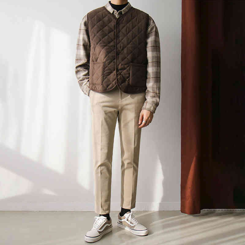 IEFB autumn winter thickened cotton vest Plaid loose vintage Korean fashion warm waistcoat casual basic clthes men's 9Y4574 210524