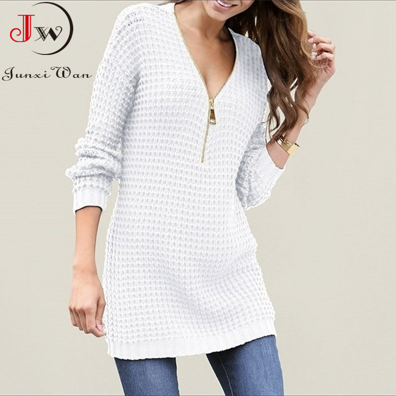 Women Long Sweater V Neck Zipper Oversized Dress Warm Autumn Winter Clothes Knitwear 3XL Plus Size Pullover Jumper 210510