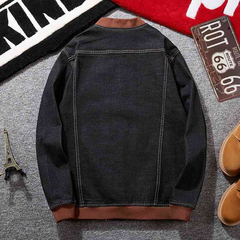 Denim trendy loose enlarged fat guy contrast baseball collar large men's jacket spring and Autumn, Black
Denim trendy loose enlarged fat guy contrast baseball collar large men's jacket spring and Autumn, Black