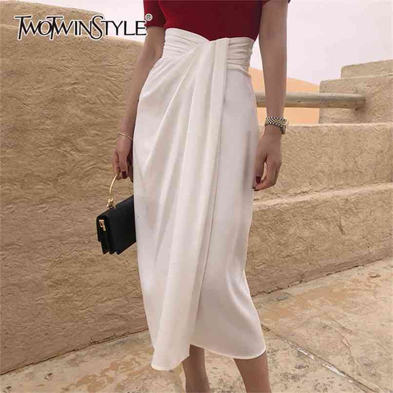 TWOTWINSTYLE Vintage Irregular Side Split Skirt Women High Waist Asymmetrical Ruched Skirts For Female Fashion Clothing 210619