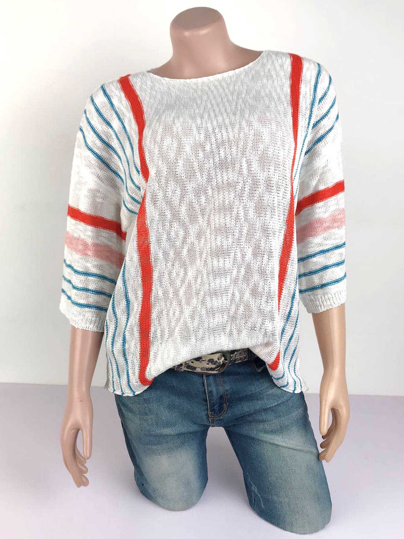 Winter Women Pullover Knitwear Sweater Red Blue Striped Flared Sleeve Loose Casual Female Crew Neck Autumn s 210604