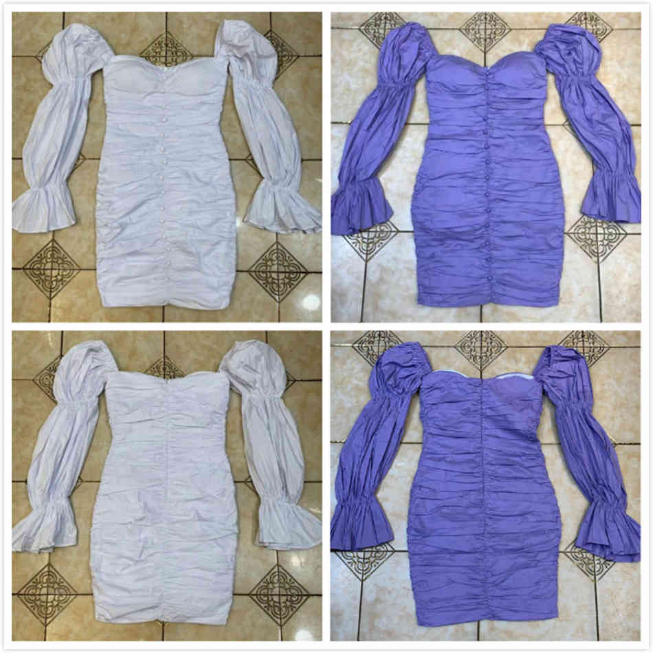 Free Women's Purple Draped Dress Sexy Square Neck Puff Sleeve Single Breasted Bodycon Club Party Mini 210524