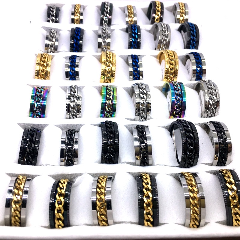Whole 100pcs Mens Womens Band Rings Fashion Stainless Steel Chain Spinner Mix Colors Variety of styles Jewelry