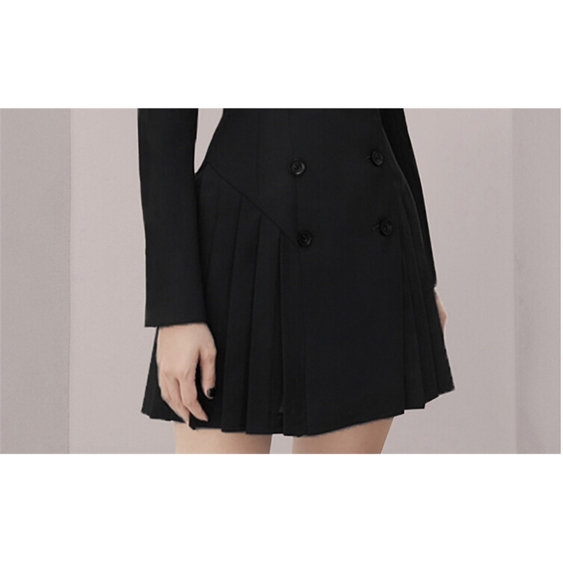 Double-breasted Notched Korea Dress Women Spring Black Pleated Dresses OL Slim Work Wear Vestidos 210520