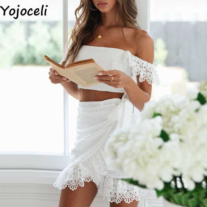 Yojoceli boho beach lace embroidery dres off shoulder croceht 2 pieces set 210609