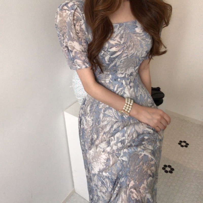 Summer Fashion Printed Korean Chiffon Long Dress Women Short Sleeve Square Collar Belted Pleated Elegant Dresses Femme 210519