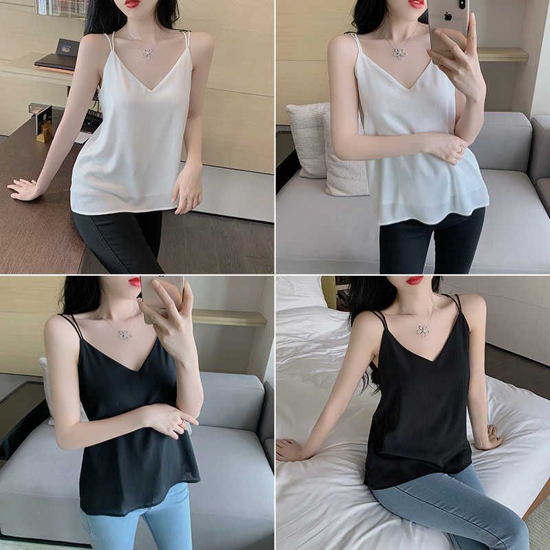 Summer Korean Fashion Chiffon Tank Top Women Solid Sleeveless Spaghetti Strap Plus Size XXL Black s for 210531