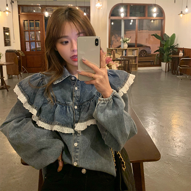 Nomikuma Spring Women Jeans Blouse Korean Lace Patchwork Ruffle Sweet Shirt Causal Long Sleeve Turn-down Collar Blusa 6E230 210427