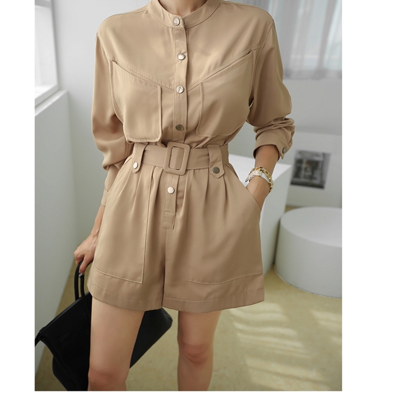 Fashion Elegant Belted Single-breasted Women Short Jumpsuit Stand Collar Long Sleeve Office OL Slim Romper Overalls 210519