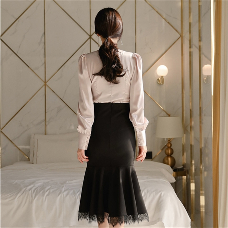 Spring Office Ladies 2 Pieces Set Women Long Puff Sleeve V-neck Beige Blouse Shirt+Lace patchwork Mermaid Skirt Suit 210529