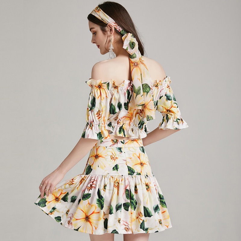 runway stylish yellow flower printed ruched slash neck short summer tops women mini skirt two pieces set lady fashion 210421