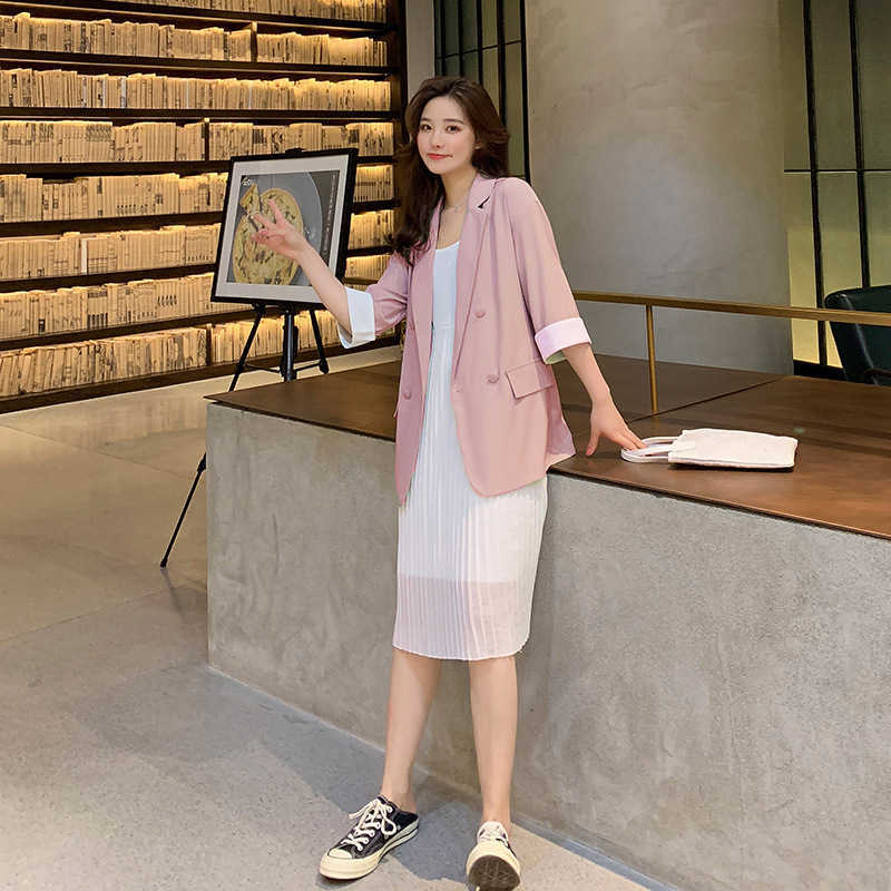 In Korean Loose Casual Medium Sleeve Blazer et Pleated Suspender Skirt Suit Women's Green Temperament Commuting