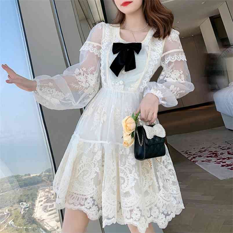 Retro Sweet Lace Embroidery Long Sleeve Short Dress Woman Elegant White French Bowknot Casual Slim Mini Dresses 210519
