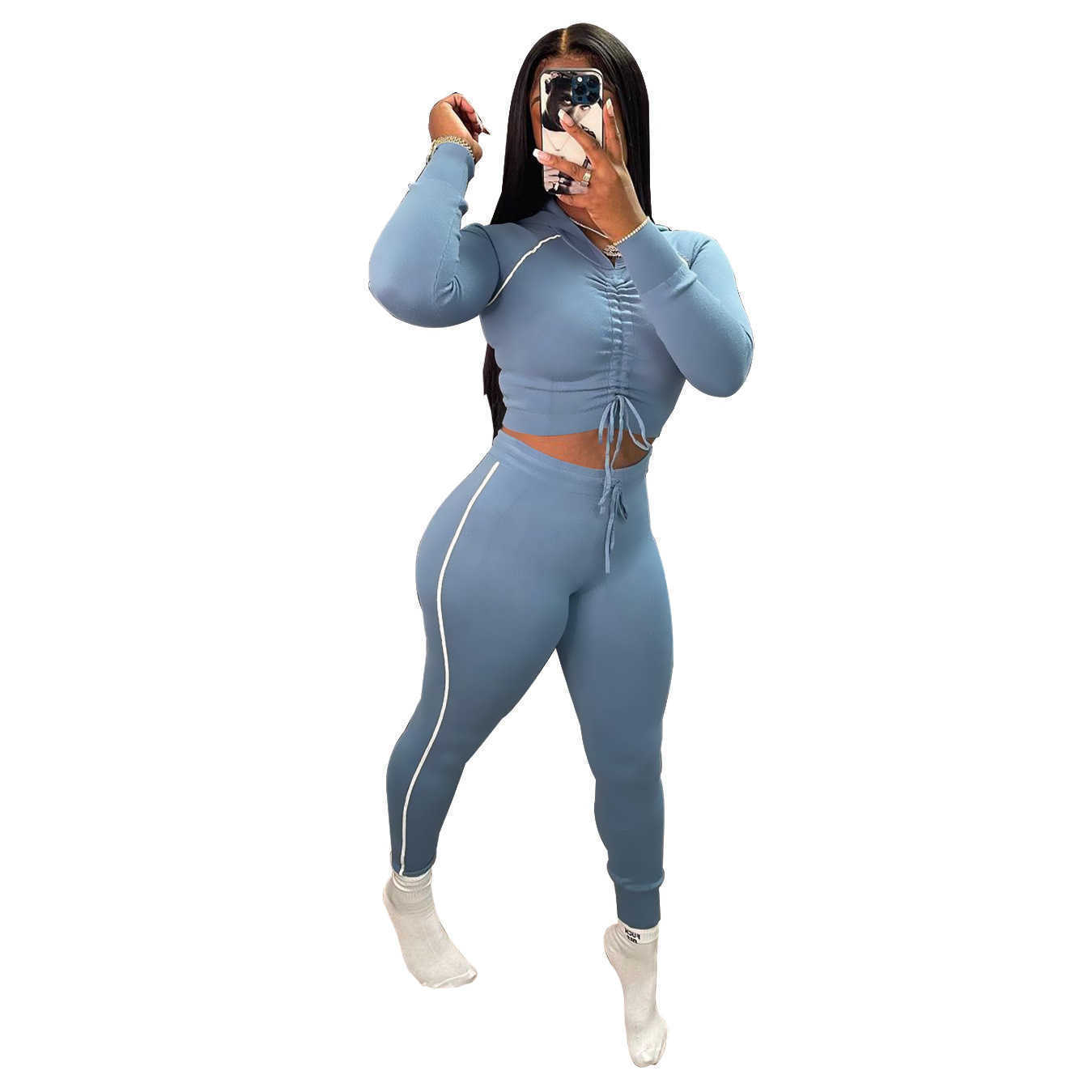 Designers Women sports tracksuits Clothes 2023 pleated hooded long sleeved trousers two piece set solid color elastic suit Women