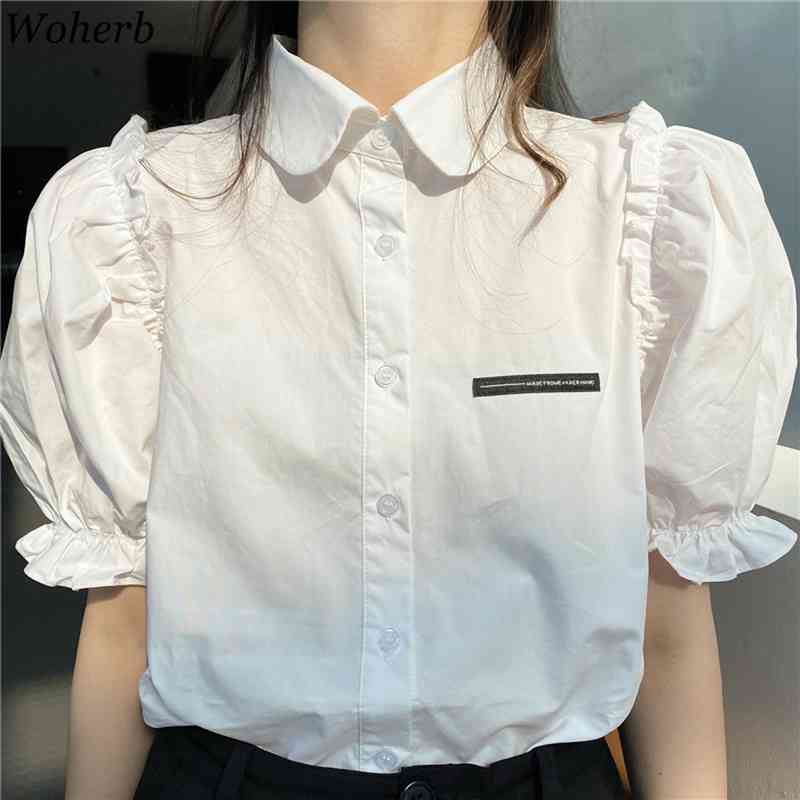 Shirts Women Summer Puff Sleeve Peter Pan Collar Tops Korean Wild Solid Color Blouse Fashion Elegant Office Lady Clothing 210519
