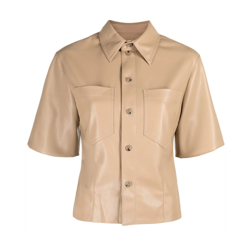 European American Style Faux Leather PU Coat Spring Summer Women Blouse Fashion All-match Single Breasted Shirts 210519