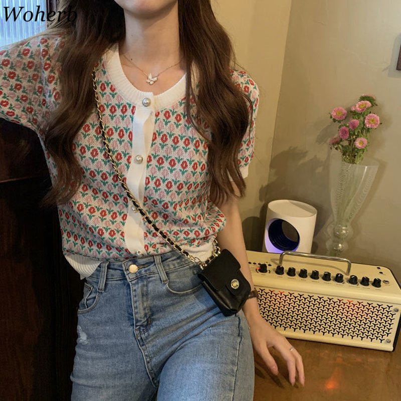 Short Sleeve Crop Top Heavy Jacquard Ice Silk Knitted Cardigan Summer Single Breasted Thin Tops Fashion Clothing 210519