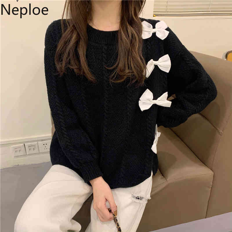 Neploe Korean Sweet Knitwear Pullovers Chic Bow O-neck Long Sleeve Knitted Sweater Women Sueter Mujer Loose All-match Red Tops 210422