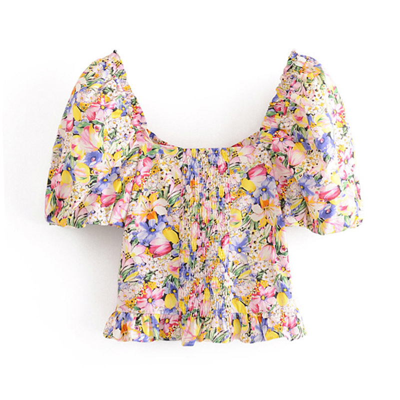 Pearl Floral Print Blouse Puff Short Sleeve Fashion Shirt Women Backless Elastic Waist Stylish Ladies Tops Summer Blusas 210515