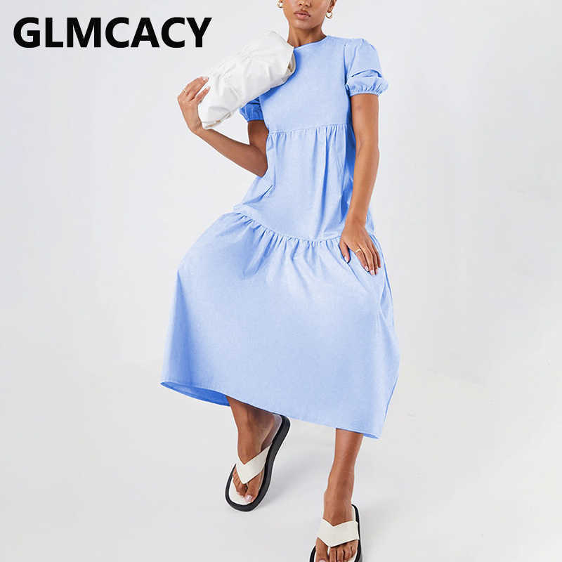 Women O-neck Short Sleeve Loose Style Solid Color Midi Dress 210702